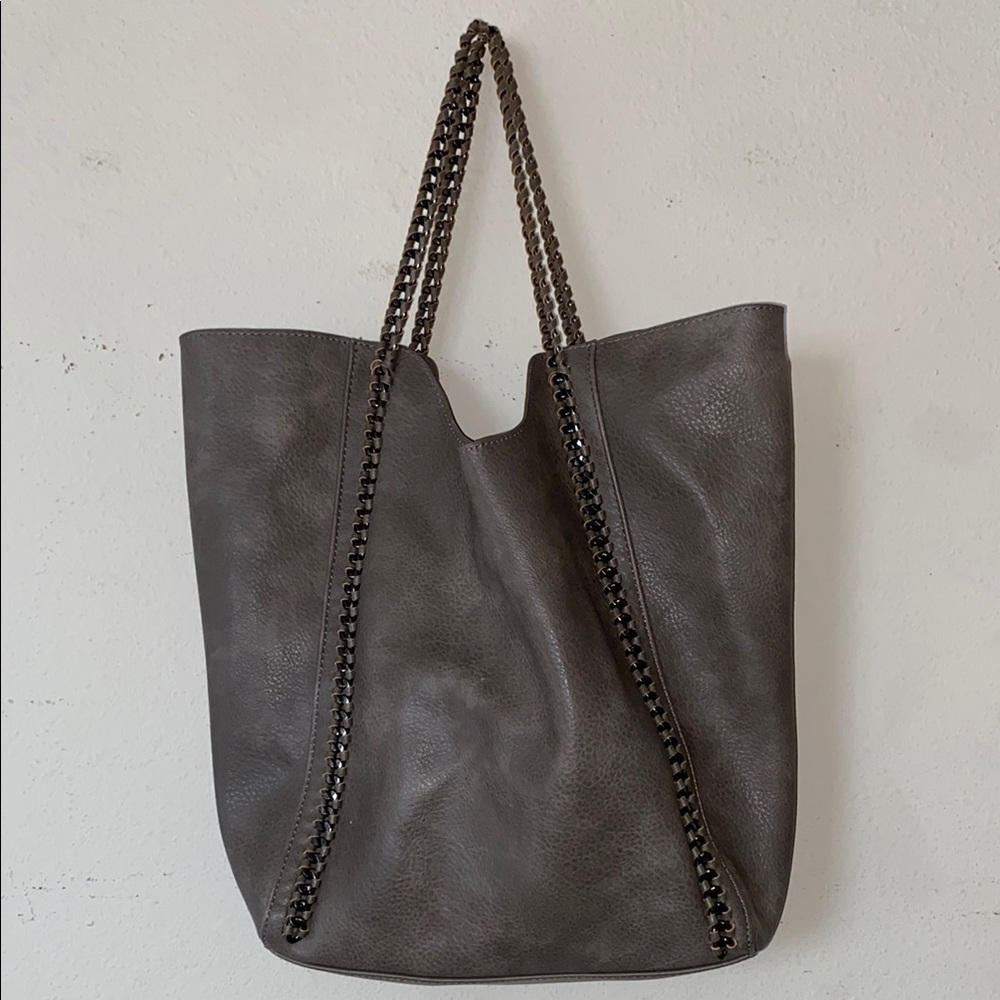 Gray Tote Bag with Chain Detail
